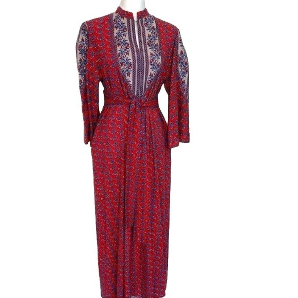 Ramona Rull Maxi Dress Vintage Red Blue Pattern Cotton Pockets Belt Puff Sleeves
